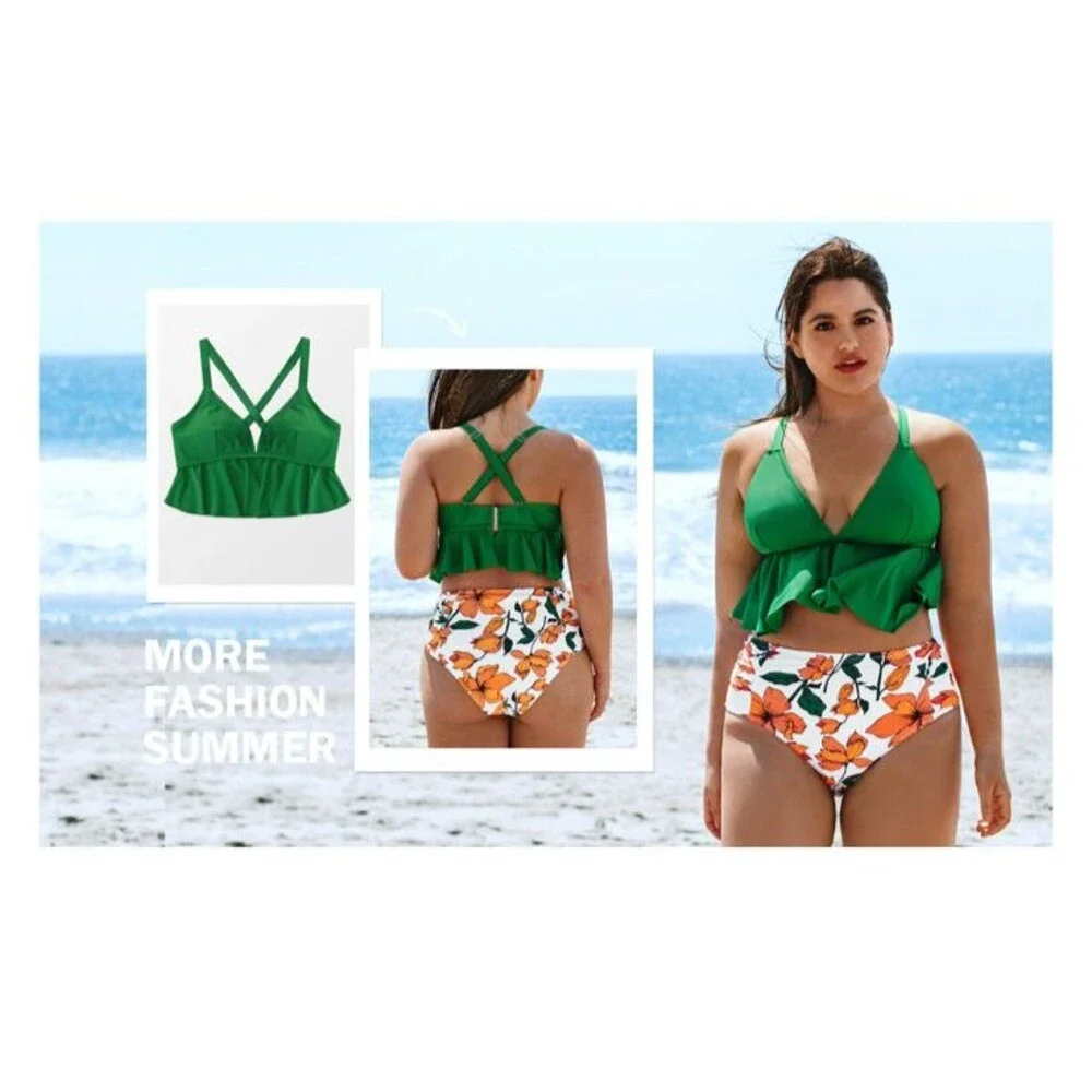 Cupshe Zoe Green Ruffle Crisscross Plus Size Bikini Top 2X 20W-22W